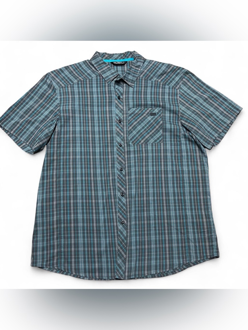 Arc'teryx Men's Teal and Gray Plaid Short-Sleeve Button-Up Shirt
